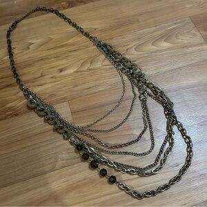 Fun Long Multi-Layered Gold and Army Green Necklace